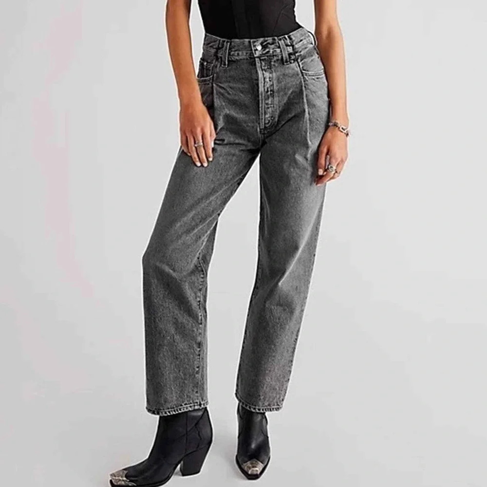 Agolde Fold Waistband High Rise Pleated Jeans Black